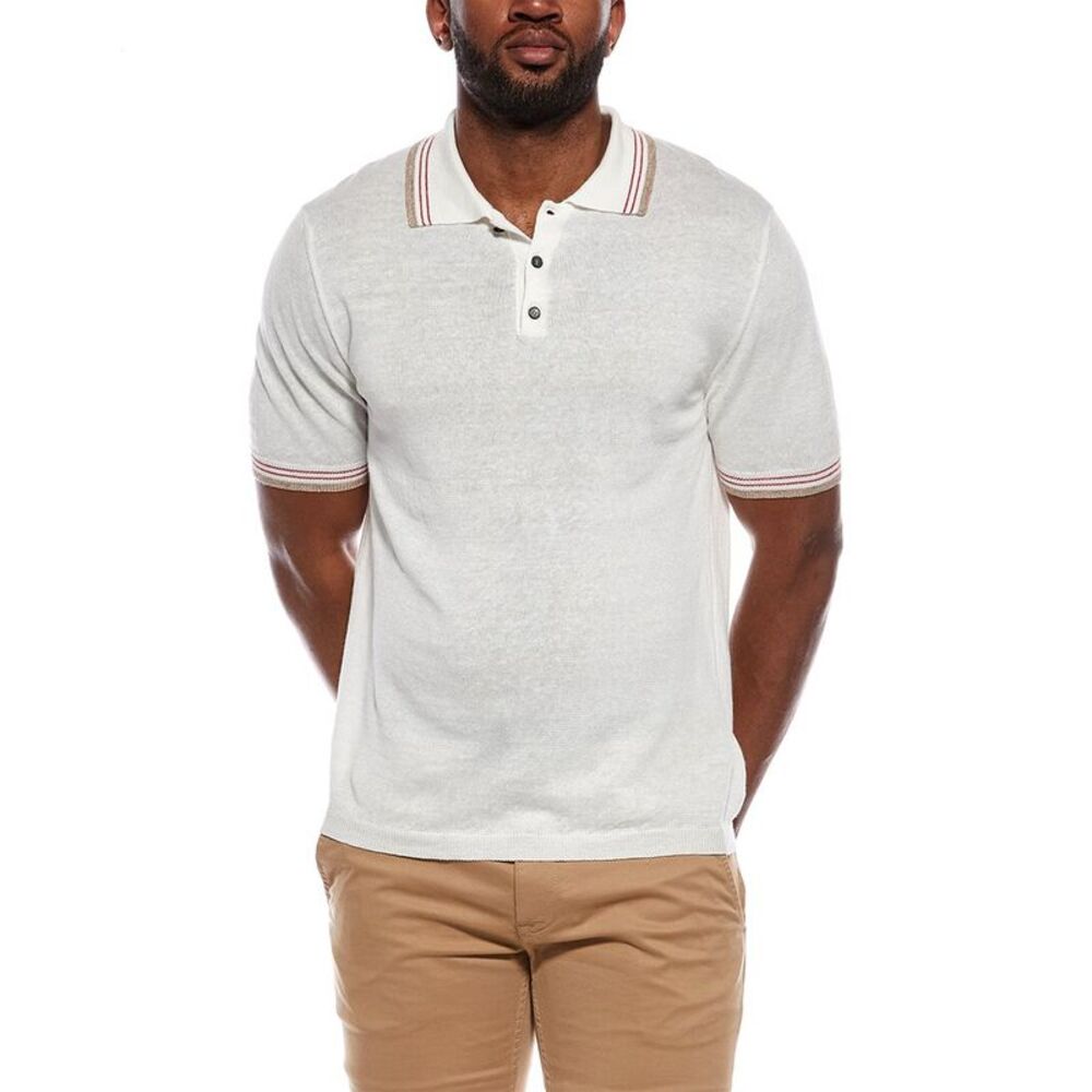 Isaia Mens  Linen-Blend Polo Shirt, White
